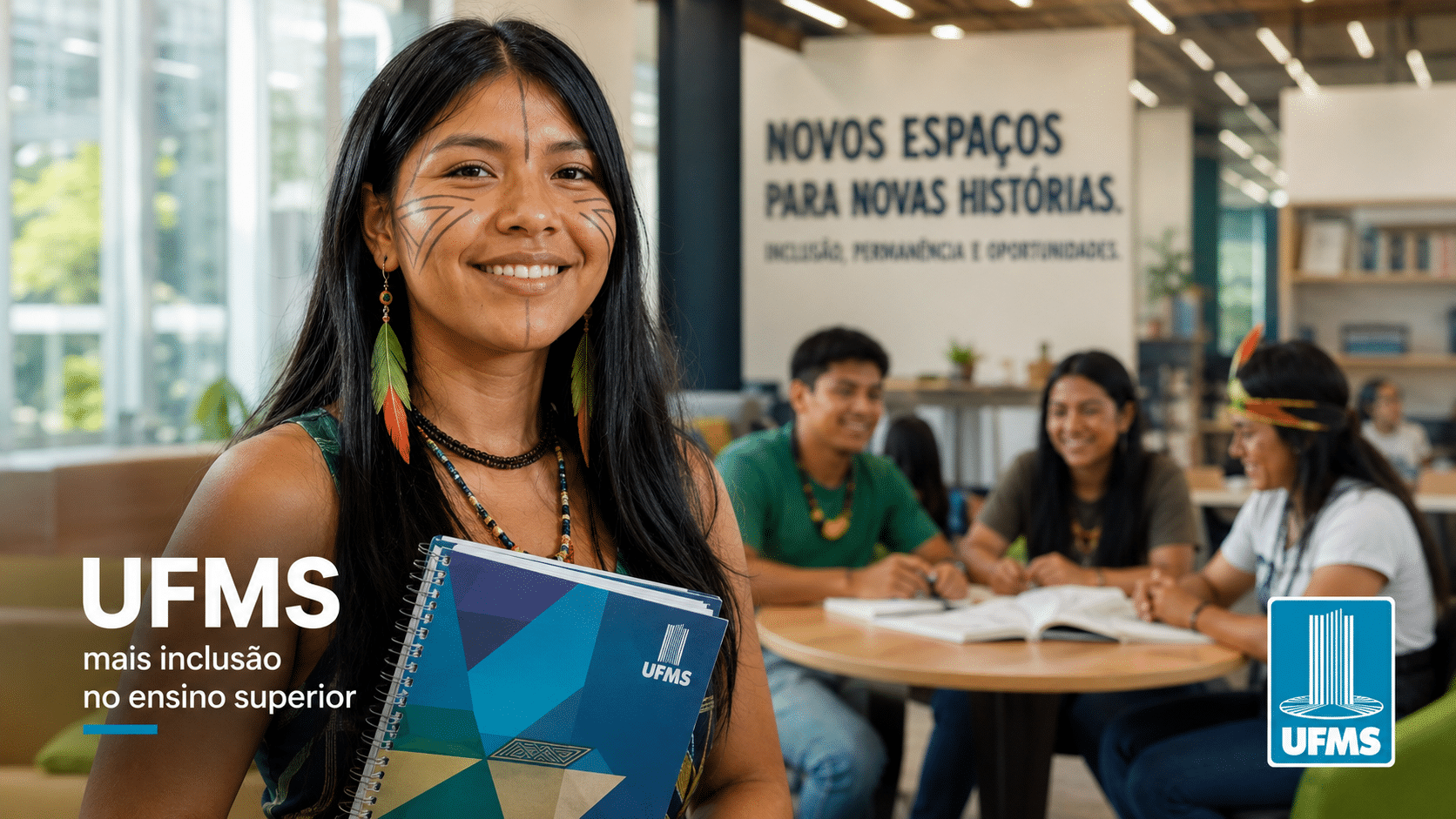 Estudante indígena sorrindo em ambiente universitário da UFMS, representando inclusão e permanência no ensino superior.