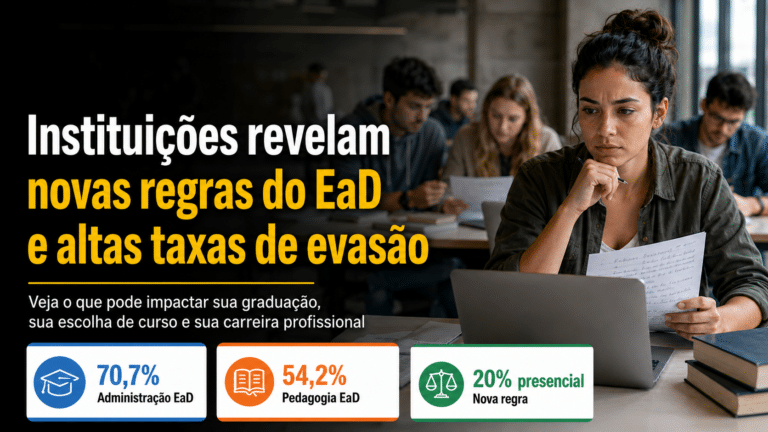 Estudante preocupada analisa documentos e notebook em sala de estudos sobre novas regras do EaD e taxas de evasão na graduação.