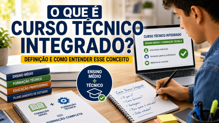 Estudante analisando informações sobre curso técnico integrado em um notebook, com livros e anotações sobre ensino médio e formação técnica.