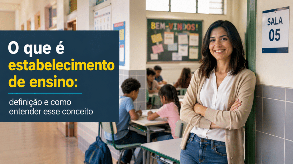 Professora sorrindo em frente a uma sala de aula com alunos estudando, representando o conceito de estabelecimento de ensino.