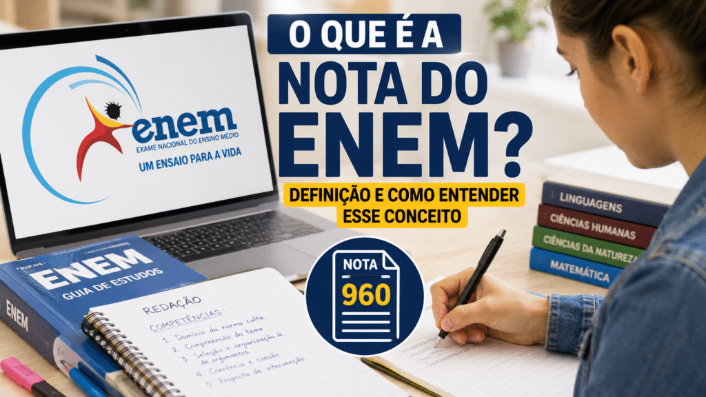 Estudante fazendo anotações sobre a nota do Enem ao lado de livros, caderno e computador com identificação do exame.