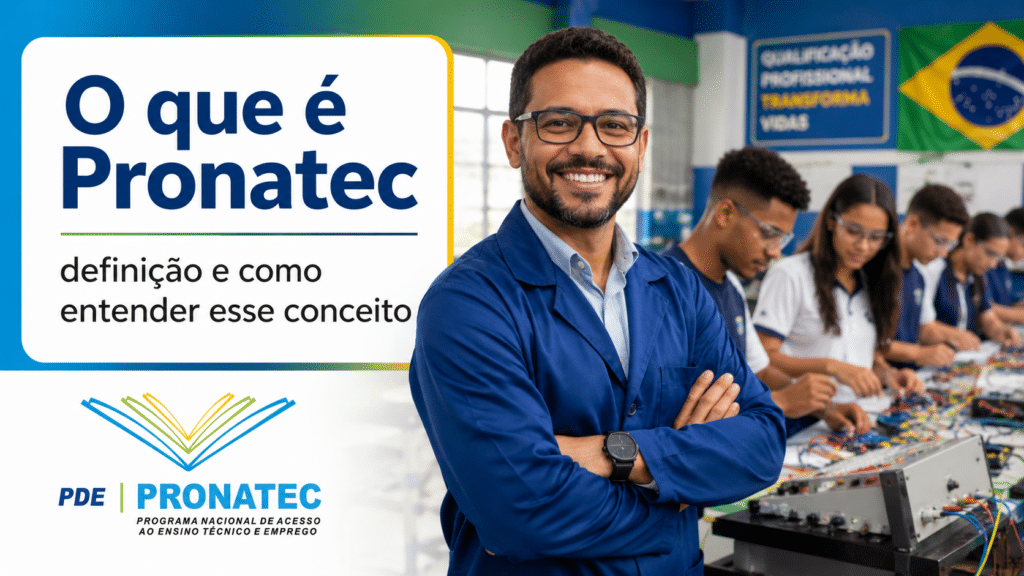 Professor sorrindo em laboratório com alunos em atividade prática, representando o conceito do Pronatec e da formação técnica.