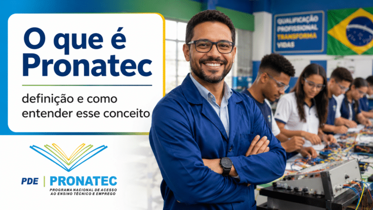 Professor sorrindo em laboratório com alunos em atividade prática, representando o conceito do Pronatec e da formação técnica.