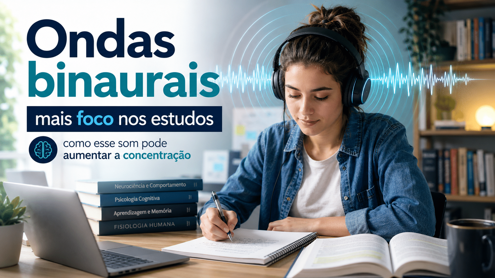 Estudante usando fones de ouvido enquanto escreve e estuda em uma mesa, com ilustração sonora ao fundo representando ondas binaurais e concentração.