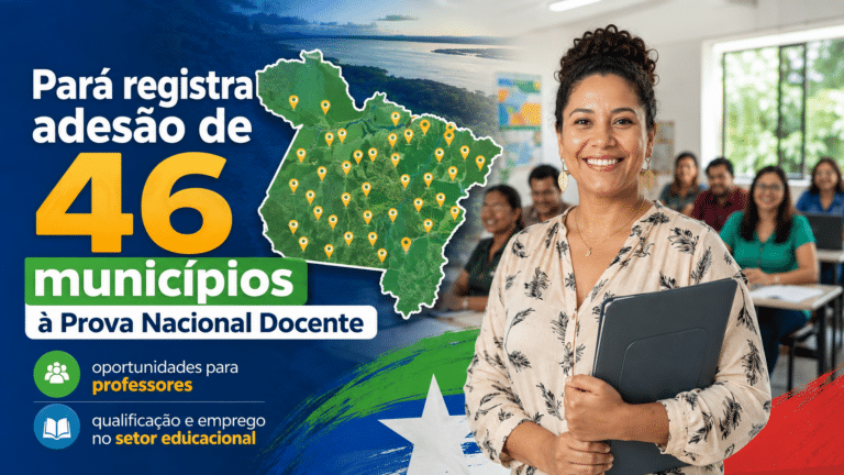 Professora sorrindo em sala de aula, com destaque para a adesão de 46 municípios do Pará à Prova Nacional Docente.