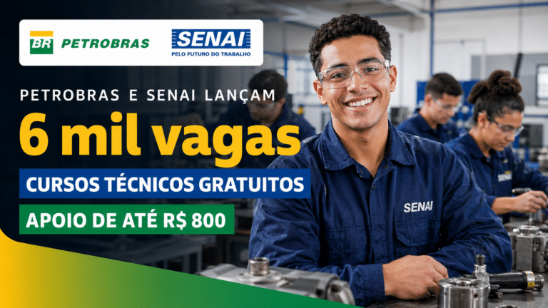Aluno sorrindo em laboratório do Senai com colegas em atividade prática, em imagem sobre programa da Petrobras e do Senai com 6 mil vagas em cursos técnicos gratuitos.