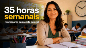 Professora em sala de aula com alunos ao fundo e destaque para proposta de jornada de 35 horas semanais sem corte salarial.
