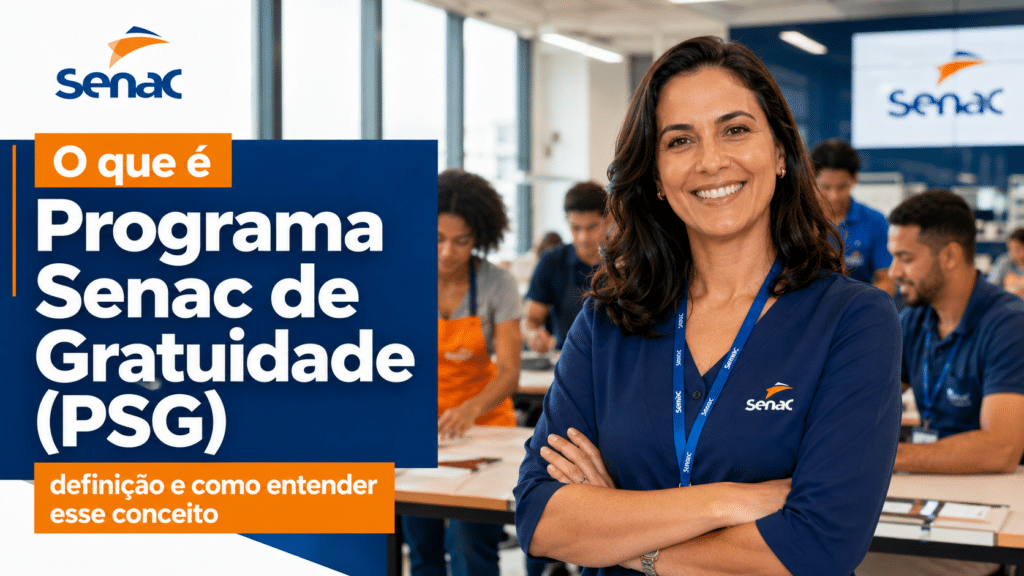 Instrutora sorrindo em unidade do Senac com alunos em atividade, representando o conceito do Programa Senac de Gratuidade (PSG).