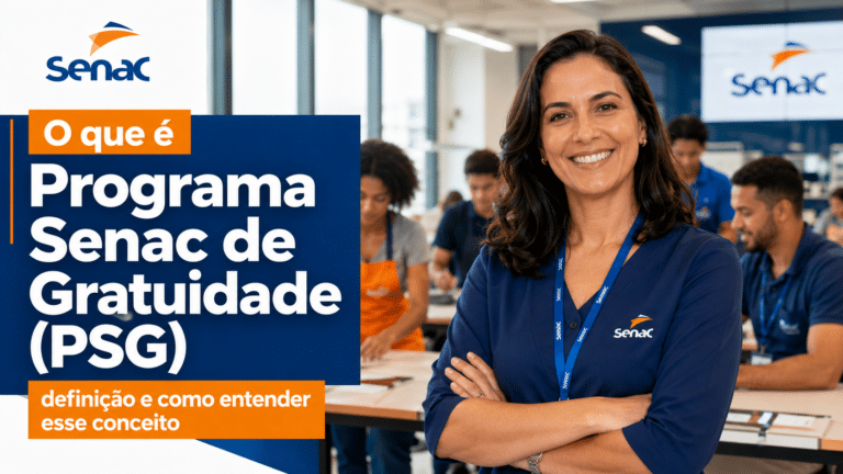 Instrutora sorrindo em unidade do Senac com alunos em atividade, representando o conceito do Programa Senac de Gratuidade (PSG).