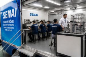 Imagem editorial sobre Qualifica Paraná 2026 abre cursos gratuitos presenciais com unidades móveis do Senai-PR e subsídio de R$ 1.008; veja áreas, vagas e