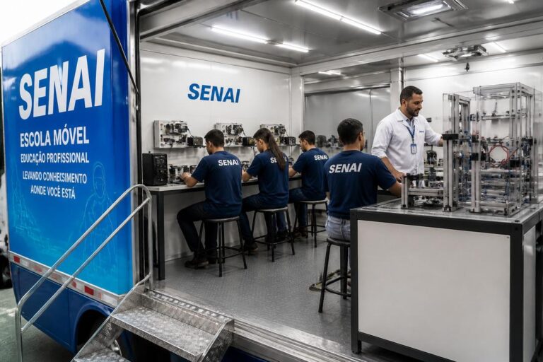 Imagem editorial sobre Qualifica Paraná 2026 abre cursos gratuitos presenciais com unidades móveis do Senai-PR e subsídio de R$ 1.008; veja áreas, vagas e