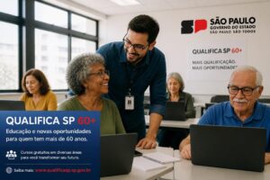 Imagem editorial sobre Qualifica SP 60+ abre cursos gratuitos e certificados para pessoas com 60 anos ou mais no Estado de São Paulo; inscrições são