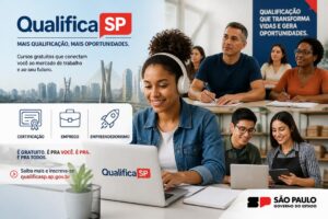 Imagem editorial sobre Qualifica SP abre inscrições para cursos gratuitos e certificados no Estado de São Paulo, com trilhas para jovens, adultos, 60+ e