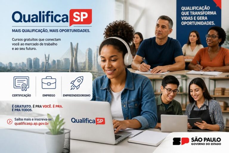 Imagem editorial sobre Qualifica SP abre inscrições para cursos gratuitos e certificados no Estado de São Paulo, com trilhas para jovens, adultos, 60+ e