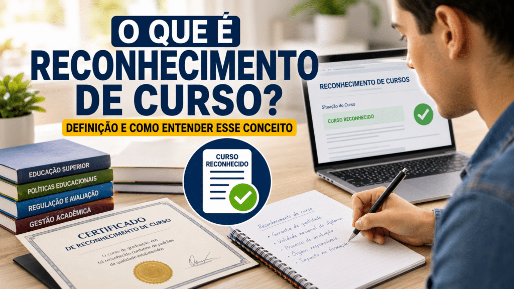 Estudante pesquisando sobre reconhecimento de curso em um notebook, com certificado, livros e anotações sobre avaliação educacional.