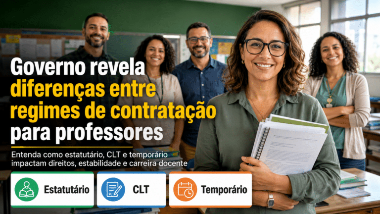 Professores sorrindo em sala de aula com destaque para os regimes estatutário, CLT e temporário na carreira docente.