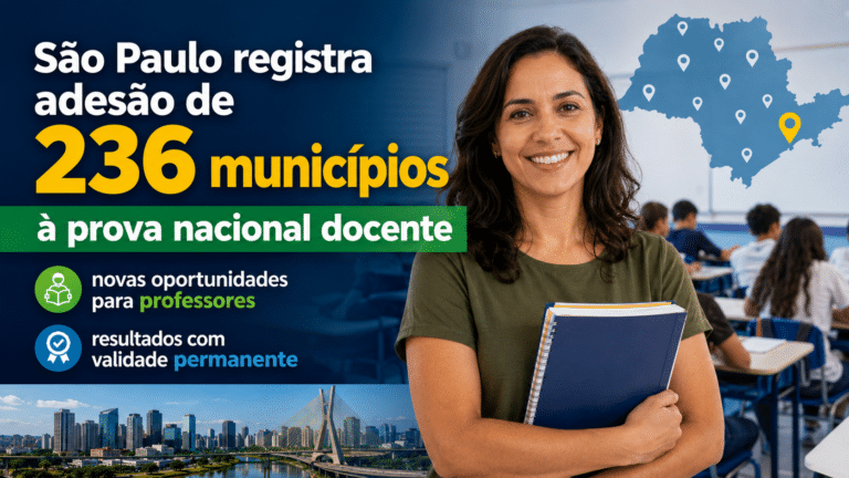 Professora sorrindo em sala de aula, com destaque para a adesão de 236 municípios de São Paulo à Prova Nacional Docente.