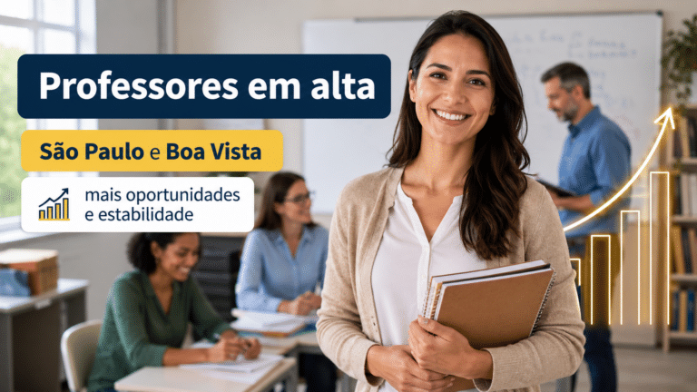Professora sorrindo em ambiente escolar com gráfico de crescimento, representando oportunidades e valorização salarial para docentes em São Paulo e Boa Vista.