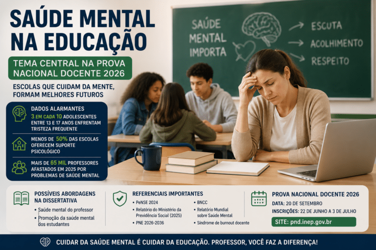 Professora preocupada em sala de aula com estudantes ao fundo, em imagem sobre saúde mental na educação e a Prova Nacional Docente 2026.