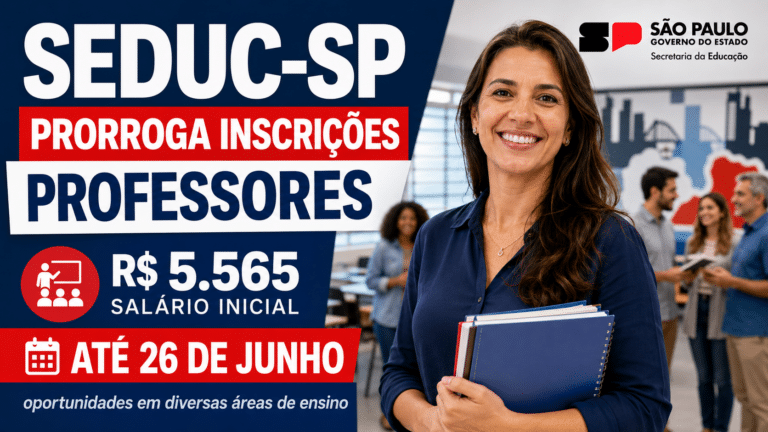 Professora sorrindo em ambiente escolar, com destaque para a prorrogação das inscrições da Seduc-SP para processos seletivos de professores.
