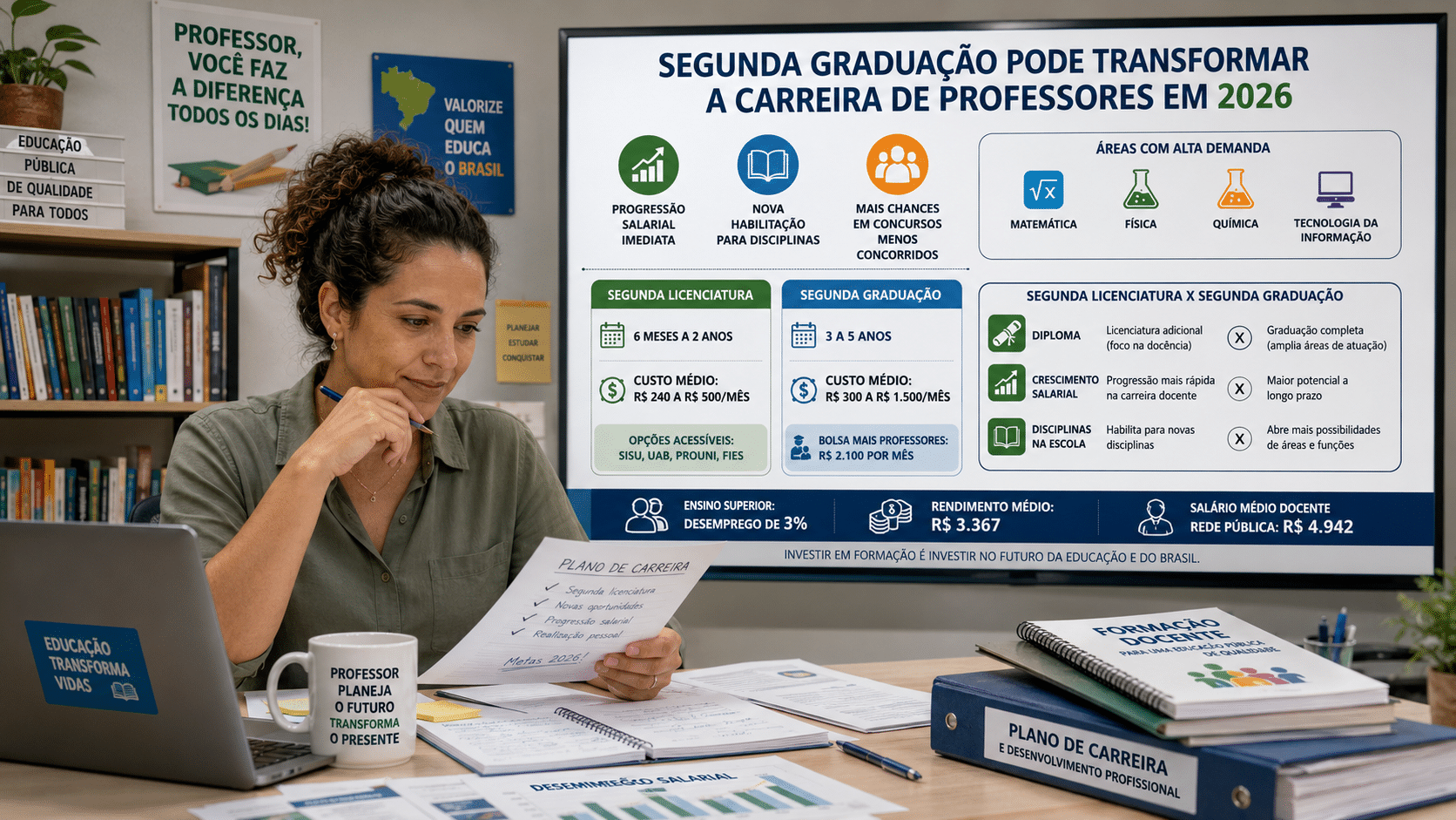 Professora analisa plano de carreira e opções de segunda graduação para ampliar oportunidades profissionais em 2026.