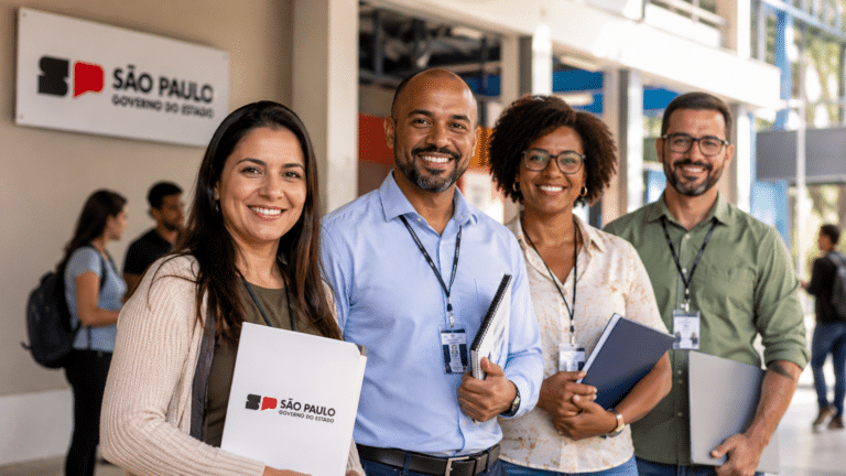 Professores sorrindo em ambiente institucional da Educação de São Paulo durante seleção para vagas temporárias na rede estadual.