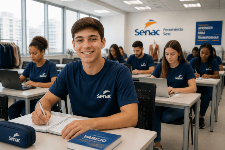 Imagem editorial sobre Senac SC abre vagas gratuitas no Programa de Aprendizagem Profissional 2026.2 em Santa Catarina; edital reúne turmas em 24