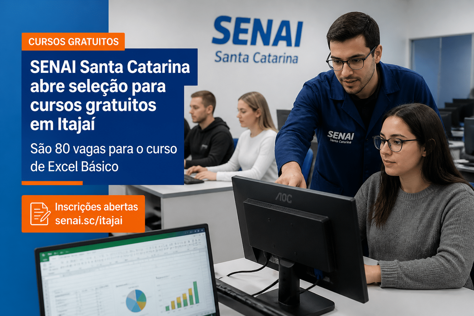 Imagem editorial sobre SENAI SC abre 2 vagas gratuitas em Itajaí para o curso Excel Básico; inscrições começam em 8 de junho e seleção será por ordem de