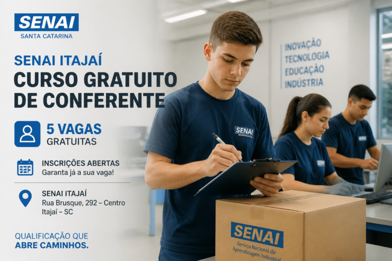 Imagem editorial sobre SENAI SC abre 5 vagas gratuitas em Itajaí para o curso de Conferente; inscrições vão até 1º de julho e seleção será por ordem de