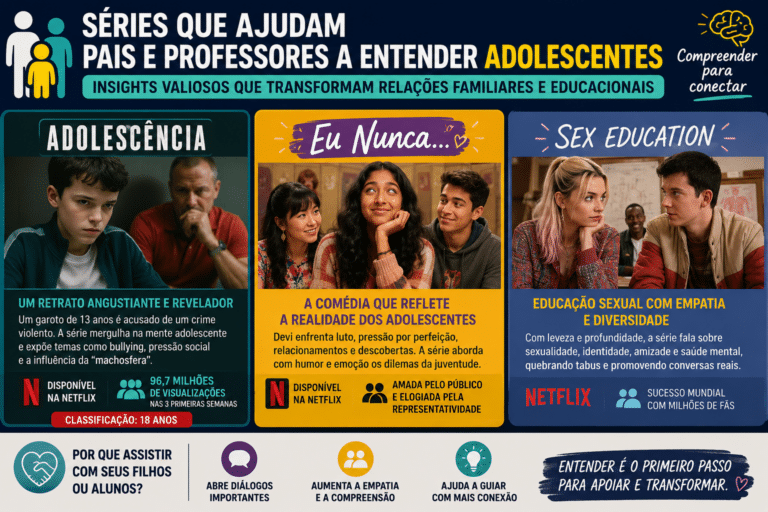 Imagem com três séries sobre adolescência, mostrando jovens em diferentes situações e destacando temas como diálogo, empatia e desafios familiares.