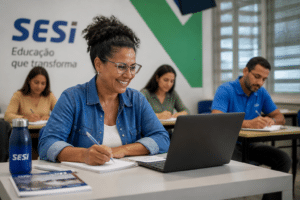 Imagem editorial sobre SESI abre EJA gratuita para jovens e adultos: ensino fundamental e médio podem ser concluídos em até 13 meses, com aulas online e