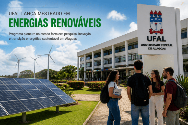 Imagem editorial sobre UFAL abre 8 vagas para mestrado em Energias Renováveis com inscrições gratuitas até 3 de julho de 2026; seleção tem duas etapas e