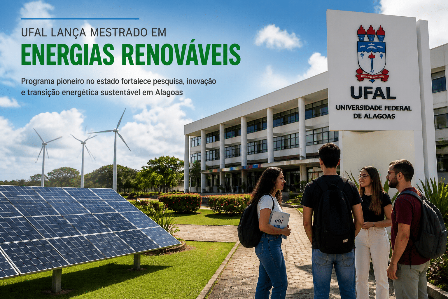 Imagem editorial sobre UFAL abre 8 vagas para mestrado em Energias Renováveis com inscrições gratuitas até 3 de julho de 2026; seleção tem duas etapas e