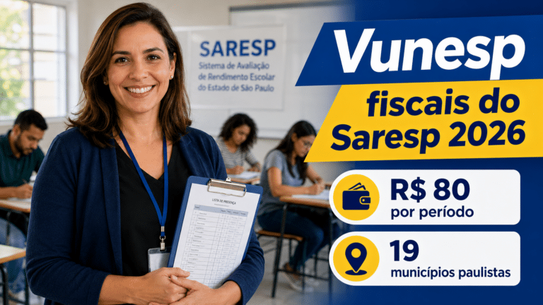 Fiscal sorrindo em sala de aplicação com prancheta, em imagem sobre inscrições da Vunesp para fiscais do Saresp 2026 com remuneração de R$ 80 por período.