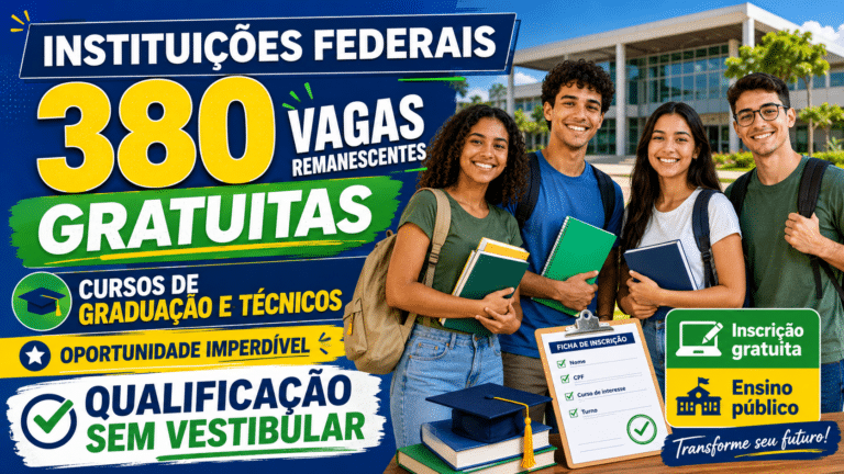 Instituições federais abrem 380 vagas remanescentes gratuitas em cursos de graduação e técnicos, oportunidade imperdível para quem busca qualificação sem vestibular