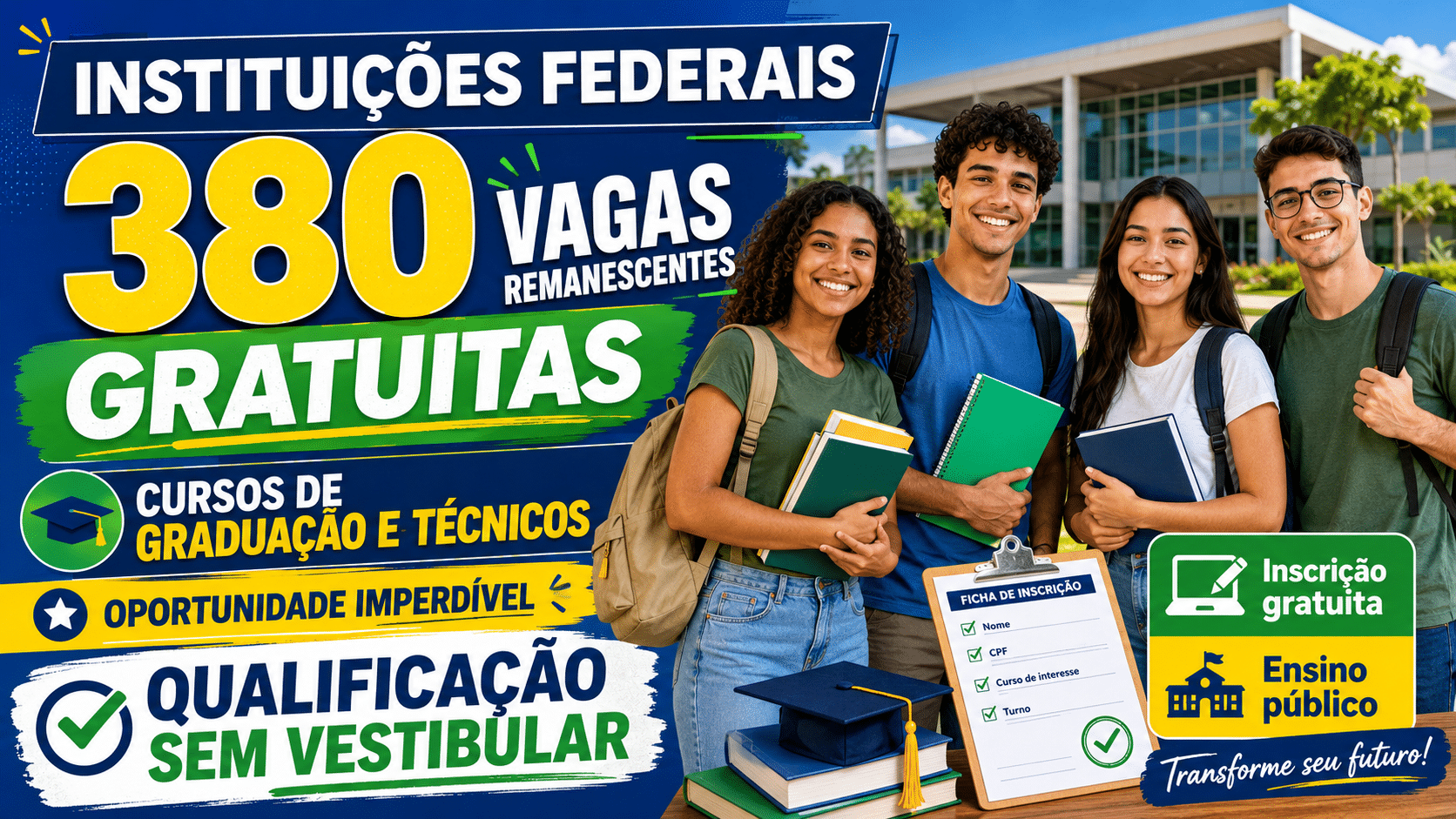 Instituições federais abrem 380 vagas remanescentes gratuitas em cursos de graduação e técnicos, oportunidade imperdível para quem busca qualificação sem vestibular