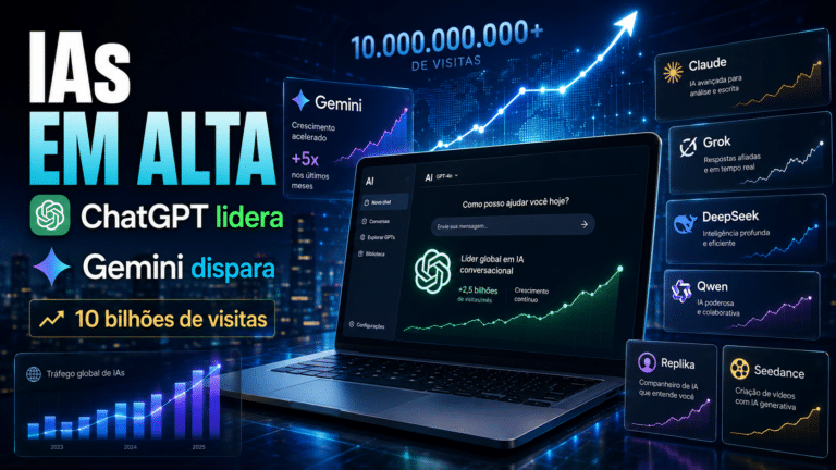 ChatGPT concentra 53,9% dos acessos, Gemini cresce quase 900% e IAs como Grok, DeepSeek, Qwen e Replika avançam entre bilhões de visitas, vídeos, relacionamentos virtuais e polêmicas globais