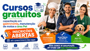 Cursos gratuitos de capacitação em gastronomia, manutenção de motos e área Pet, com inscrições abertas até o preenchimento das vagas