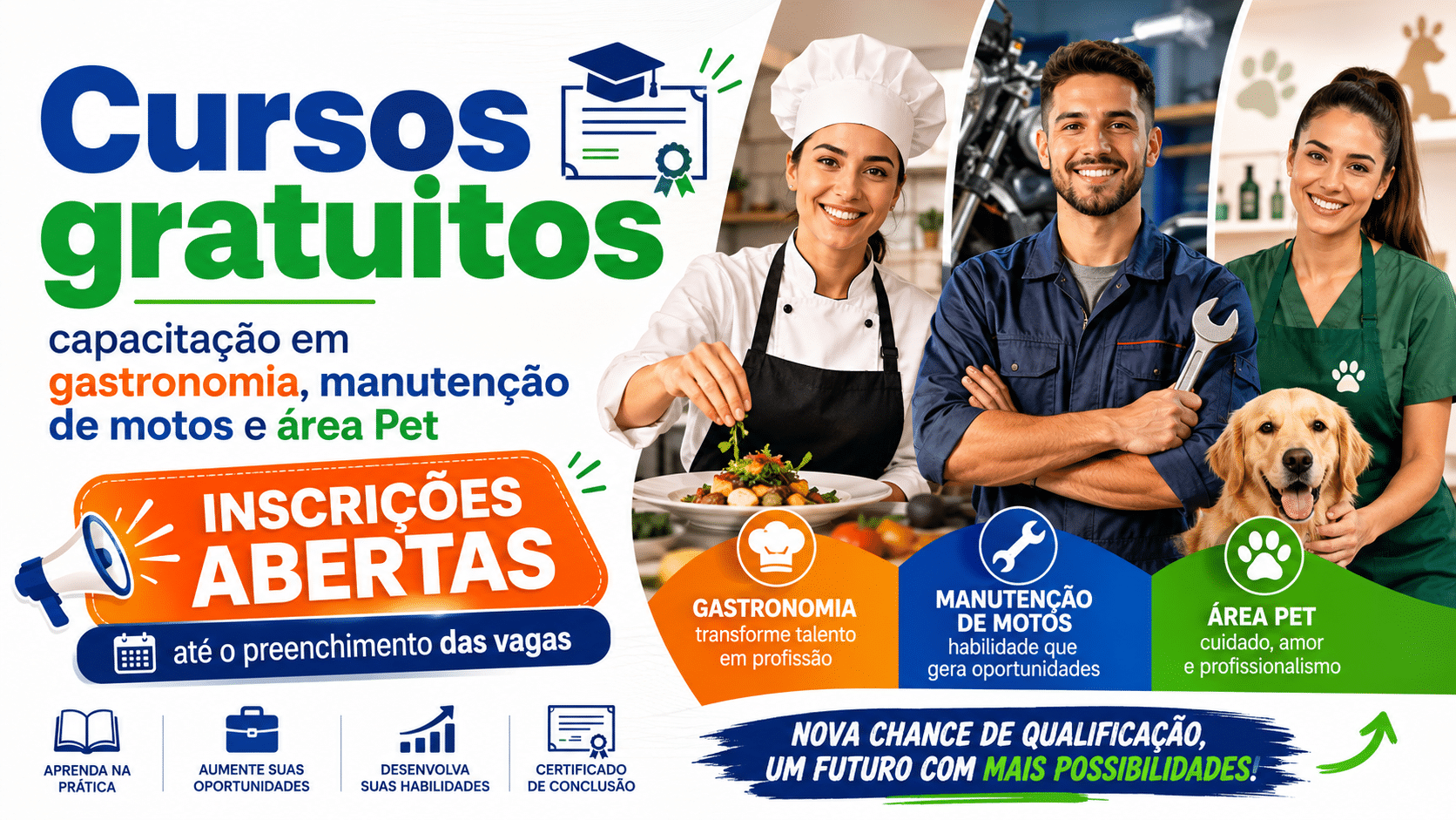 Cursos gratuitos de capacitação em gastronomia, manutenção de motos e área Pet, com inscrições abertas até o preenchimento das vagas