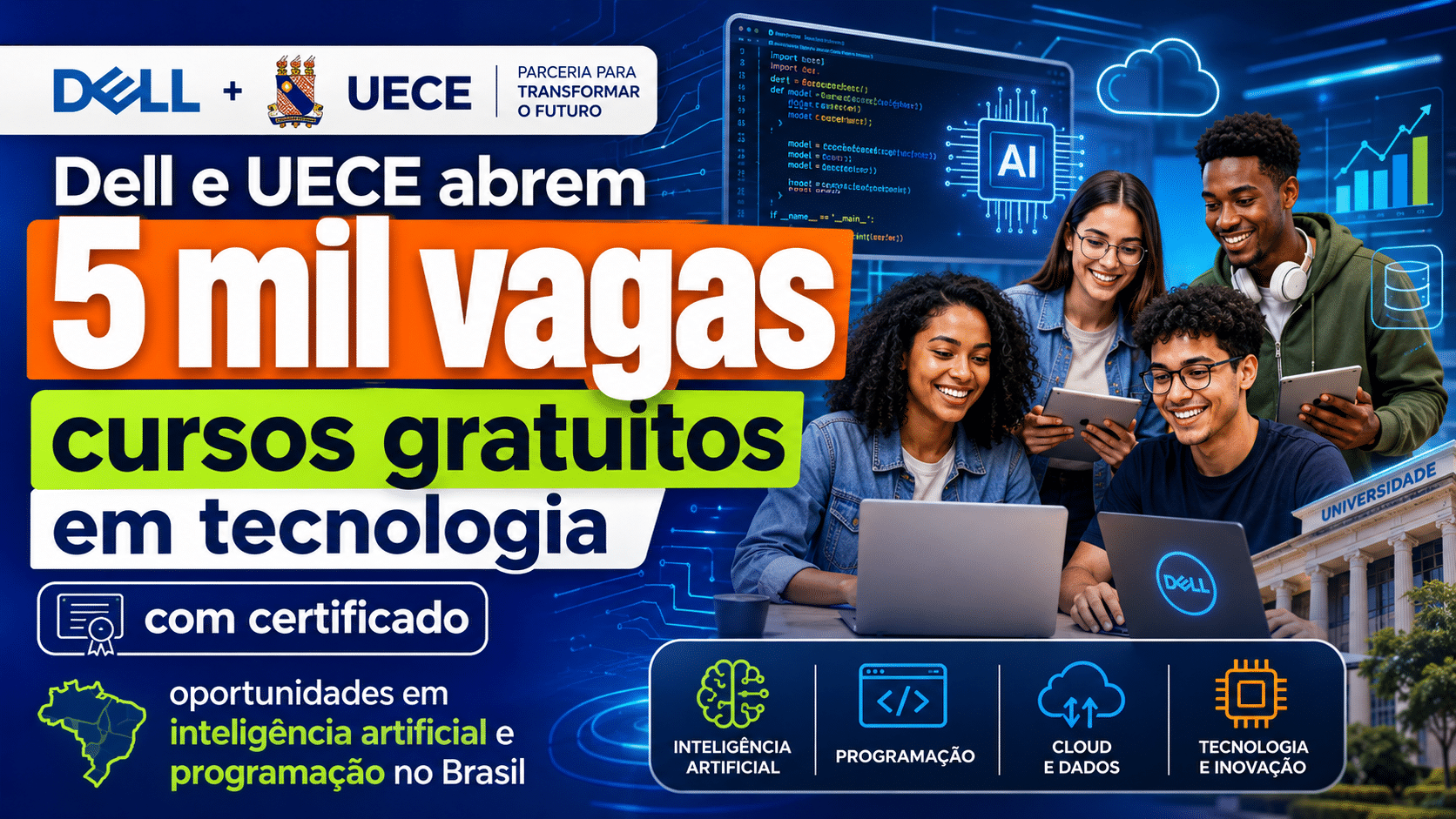 Dell e UECE abrem 5 mil vagas para cursos gratuitos em tecnologia com certificado, ampliando oportunidades em inteligência artificial e programação no Brasil