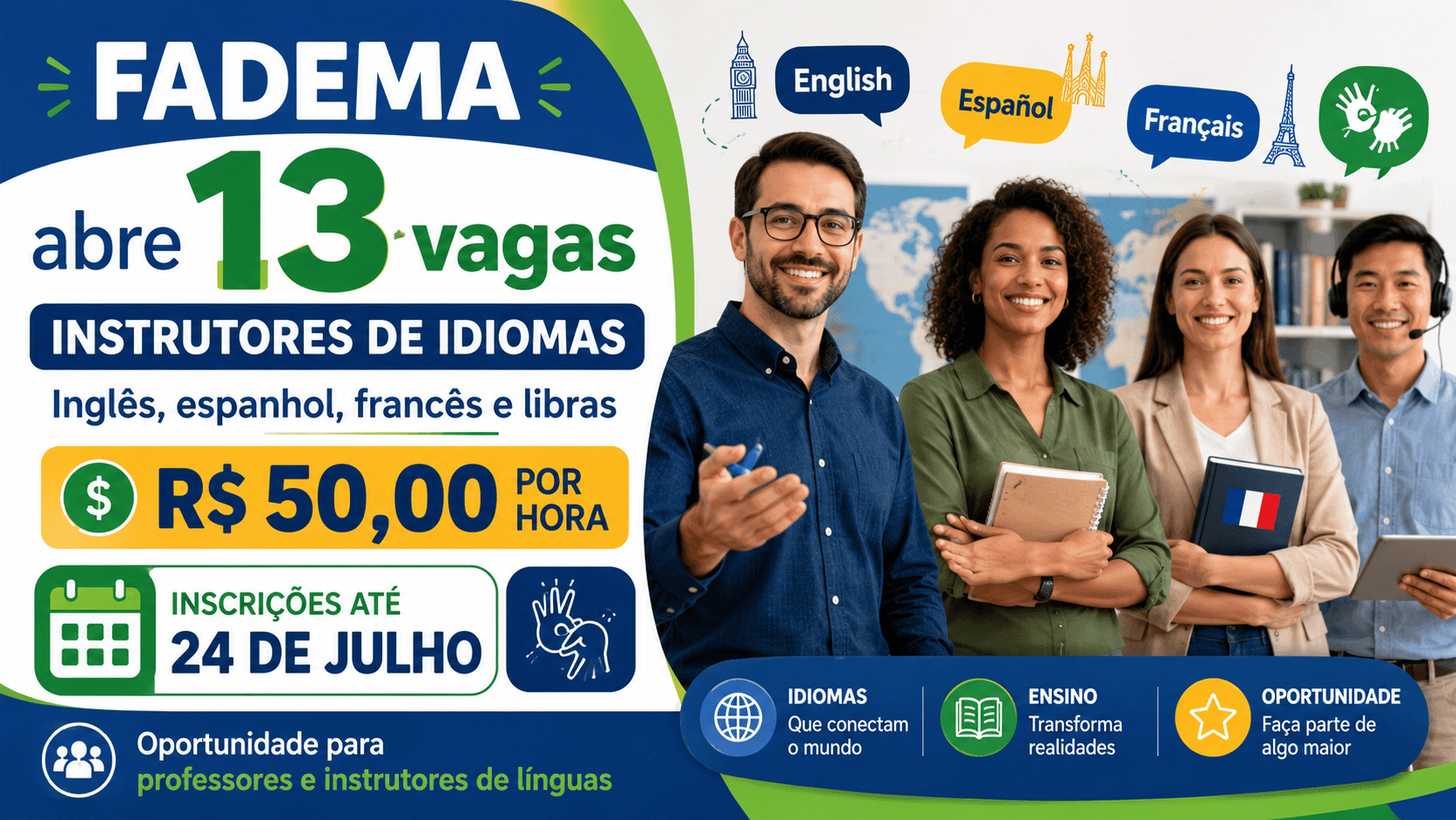 FADEMA abre vagas para instrutores de idiomas inglês, espanhol, francês e libras, com remuneração de R$ 50,00 por hora e inscrições até 24 de julho