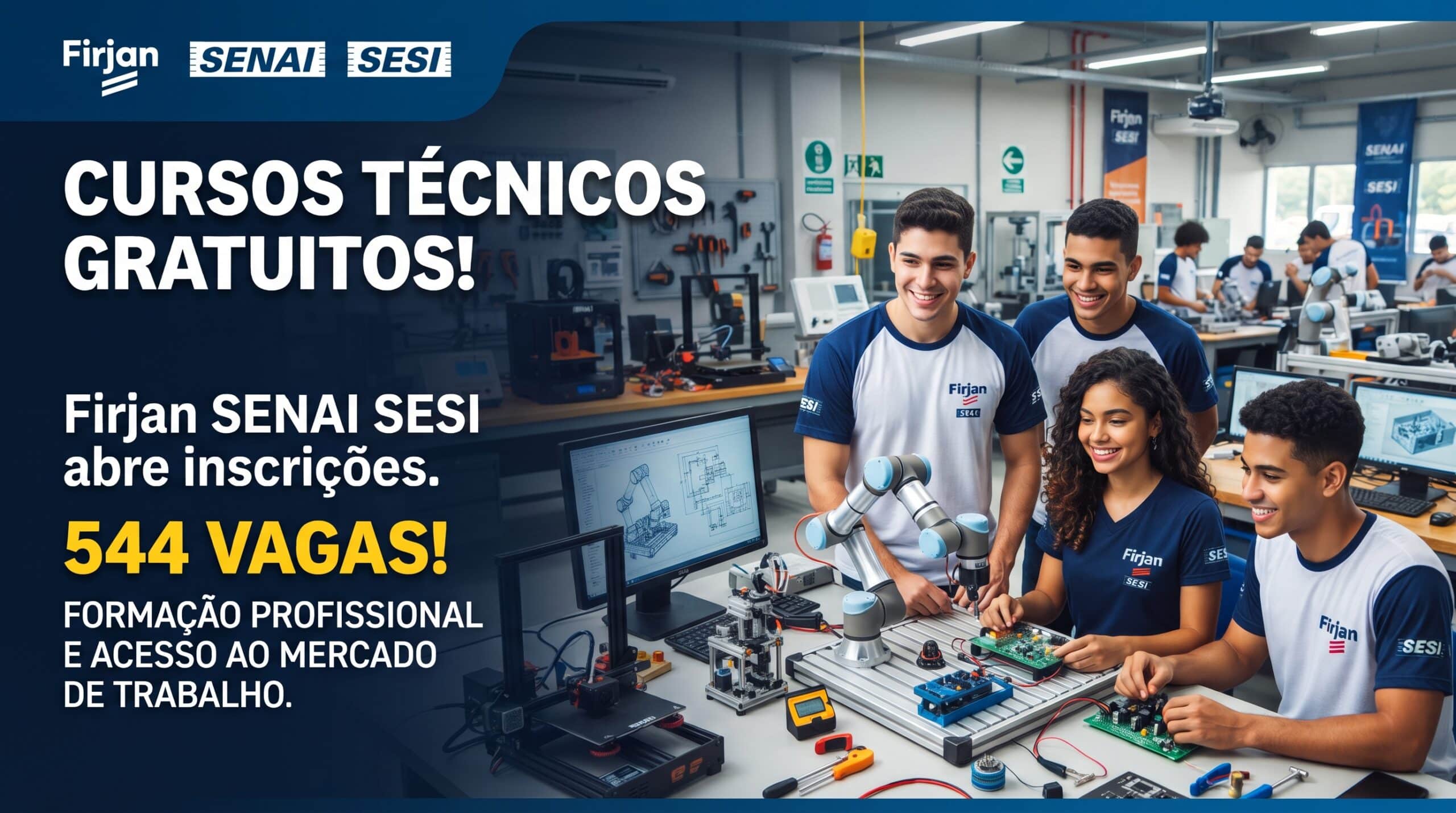 Firjan SENAI SESI abre inscrições com 544 vagas em cursos técnicos gratuitos que garantem formação profissional e acesso ao mercado de trabalho