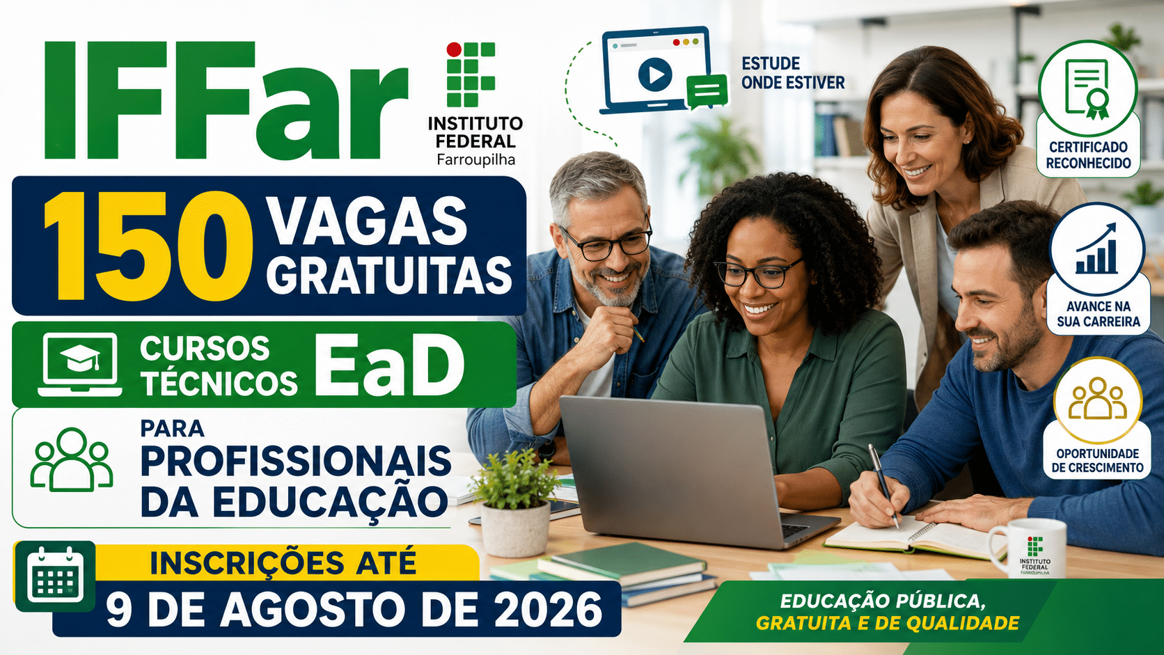 IFFar abre 150 vagas gratuitas em cursos técnicos EaD para profissionais da educação com inscrições até 9 de agosto de 2026