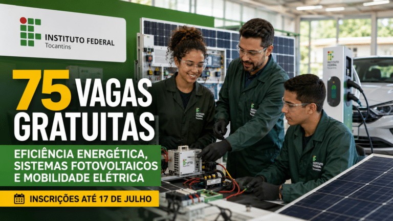 IFTO abre 75 vagas em cursos gratuitos de eficiência energética, sistemas fotovoltaicos e mobilidade elétrica com inscrições até 17 de julho