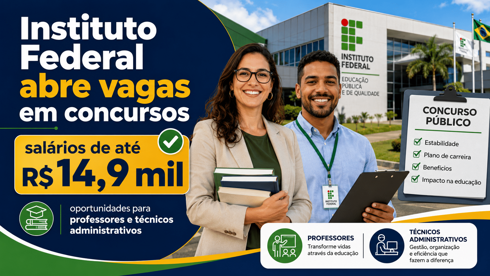 Instituto Federal abre vagas em concursos com salários de até R$ 14,9 mil e garante oportunidades para professores e técnicos administrativos