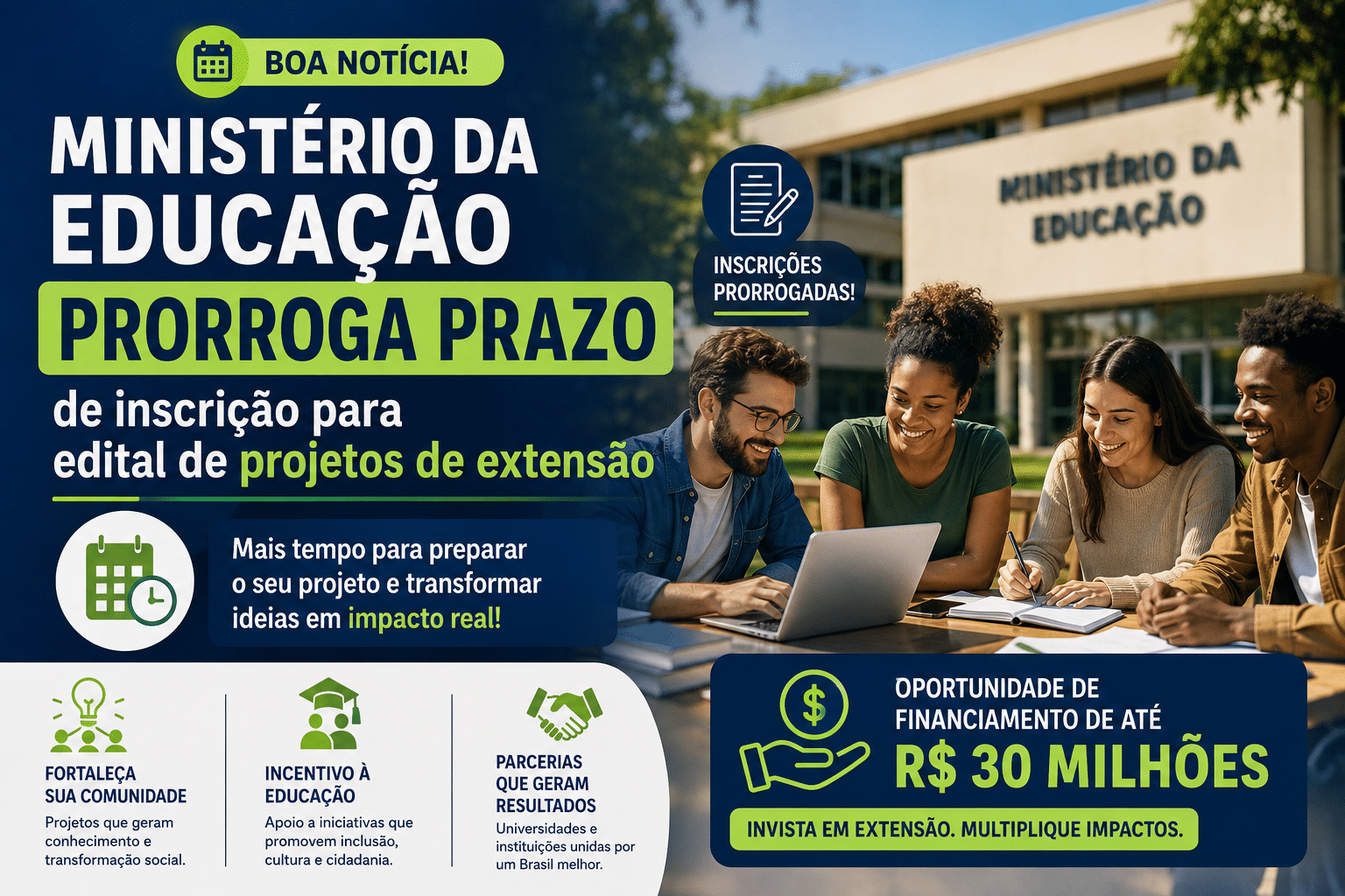 Ministério da Educação prorroga prazo de inscrição para edital de projetos de extensão e abre oportunidade de financiamento de até R$ 30 milhões
