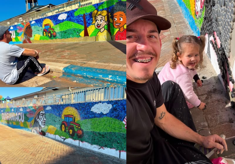 Professor transforma 150 mil tampinhas em mural gigante e ensina alunos sobre sustentabilidade e arte em Guaraniaçu
