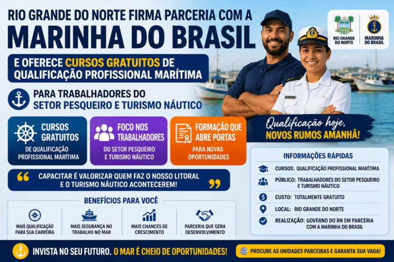 Rio Grande do Norte firma parceria com a Marinha do Brasil e oferece cursos gratuitos de qualificação profissional marítima para trabalhadores do setor pesqueiro e turismo náutico