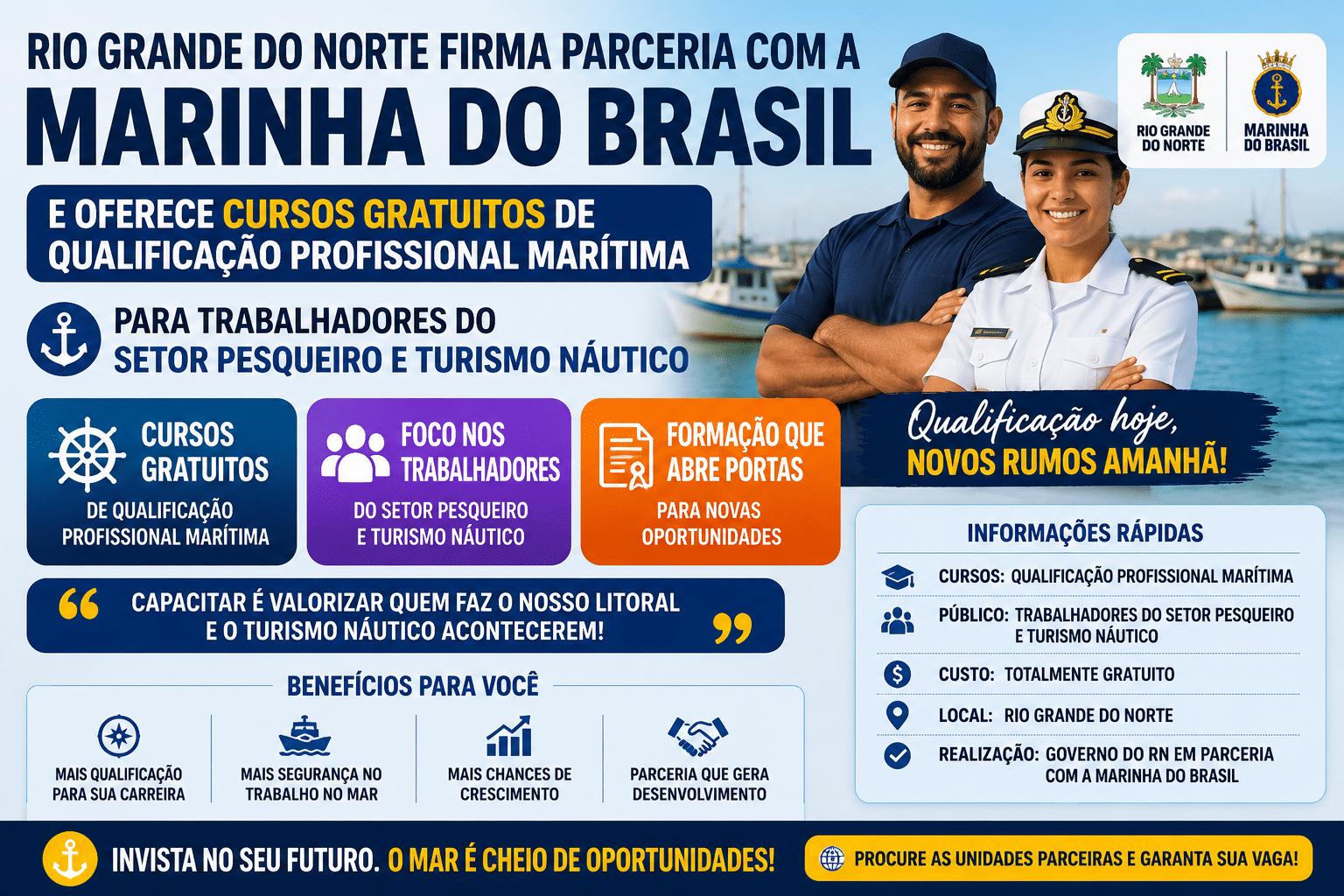 Rio Grande do Norte firma parceria com a Marinha do Brasil e oferece cursos gratuitos de qualificação profissional marítima para trabalhadores do setor pesqueiro e turismo náutico
