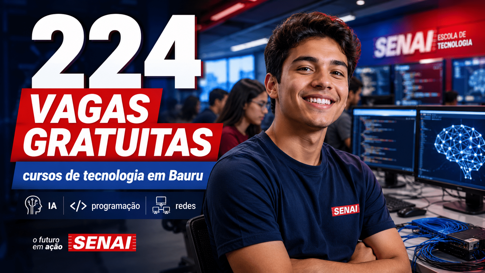 Senai abre 224 vagas gratuitas para cursos de tecnologia em inteligência artificial, programação e redes durante as férias escolares